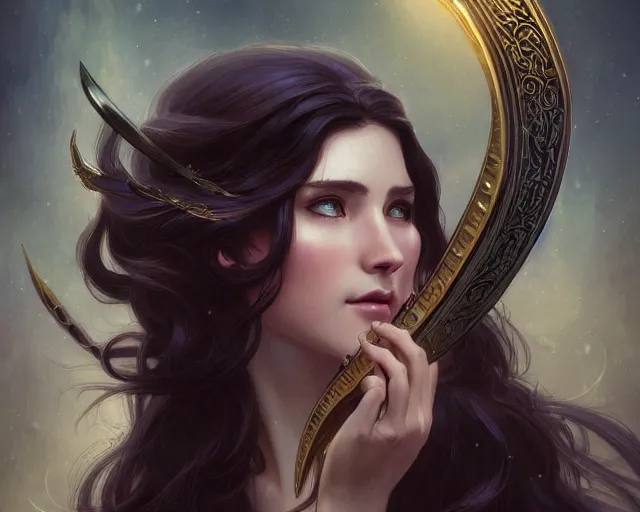 Image similar to photography of a dark long haired elve playing harp, deep focus, d & d, fantasy, intricate, elegant, highly detailed, digital painting, artstation, concept art, matte, sharp focus, illustration, hearthstone, art by artgerm and greg rutkowski and alphonse mucha