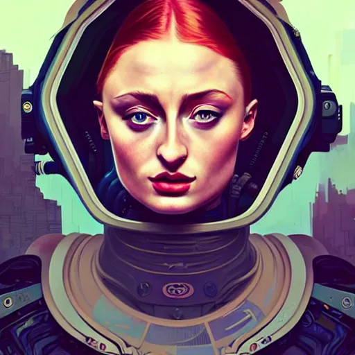 Image similar to high quality high detail portrait of a sophie turner as diesel punk character in an futuristic world, tristan eaton, victo ngai, artgerm, rhads, ross draws, hyperrealism, intricate detailed, alphonse mucha, pastel colors, vintage, artstation,