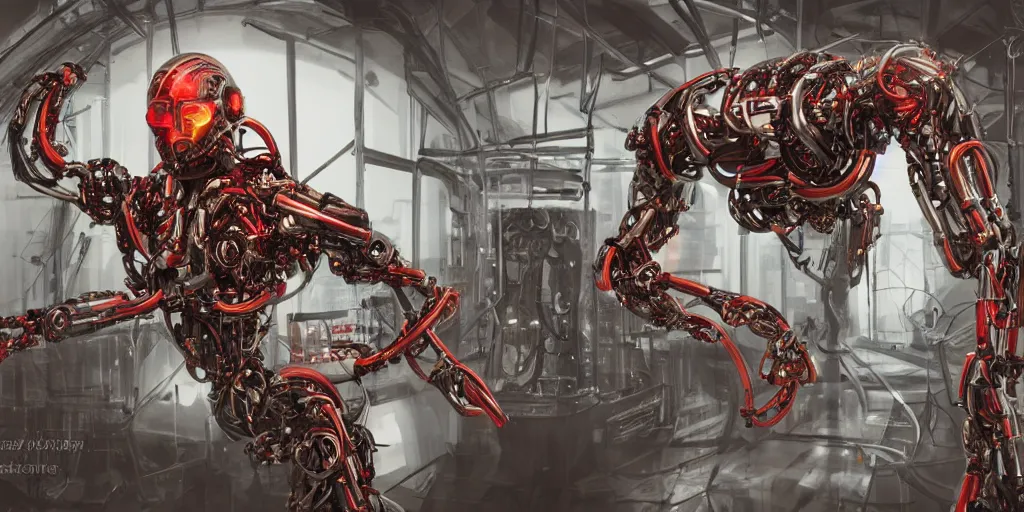 Image similar to cyborg in the data center, wired to the equipmen, red biomechanical details, wearing epic bionic cyborg implants, inflateble shapes, masterpiece, intricate, biopunk, highly detailed, artstation, concept art, cottage core, cinematic focus, polaroid photo, bleached, vintage, high - key lighting, soft lights, foggy, by tarkovsky, 8 k