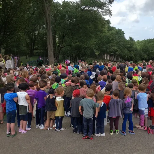 Prompt: the children are looking at a large group of people