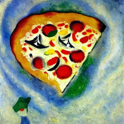 Prompt: an oil painting of a pizza by chagall