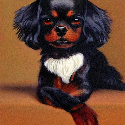 Prompt: painting of a dark fur, happy, smiling, black cavalier king charles spaniel cross with completely black cockerspaniel with black fur thinking about being a good boy. art by vermeer