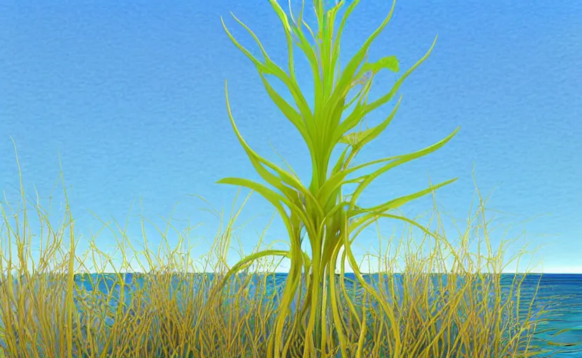 Prompt: one single stand alone huge hyperdetailed minimalist elaborate blooming plant, seen from the long distance. by the sea. maximalist unexpected elements. free sky in plain natural warm tones. 8 x 1 6 k hd mixed media 3 d collage in the style of a childrenbook illustration in pastel tones. matte matte background. no frame hd