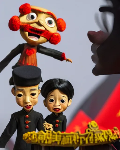 Prompt: xi jinping as a highly detailed stop motion puppet addressing the chinese military before invasion of taiwan, in the style of laika studios ’ s paranorman, coraline, kubo and the two strings