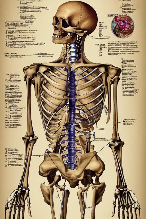 Prompt: anatomical encyclopedia illustration of a human skeleton, photorealistic, diagram, intricate details