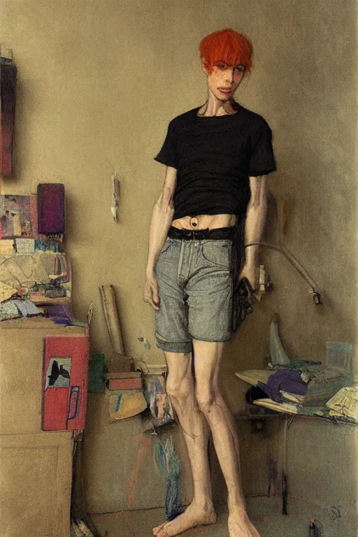 Prompt: a skinny goth guy standing in a cluttered 9 0 s bedroom, full body character concept art, vaporwave colors, jules bastien - lepage art,