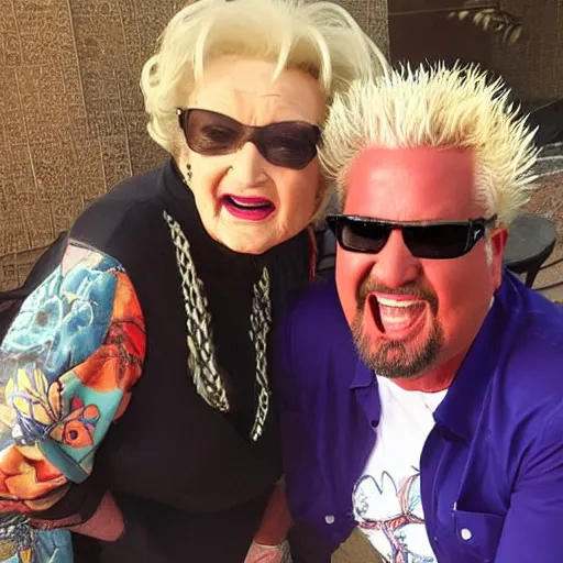 Image similar to betty white sunbathing with guy fieri