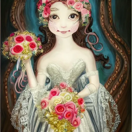 Prompt: beautiful Cthlulu marries the Kraken, in the style of first look wedding photography, airbrush, kawaii, oil painting, Victorian lace,