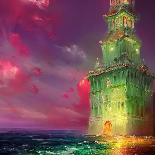 Image similar to a delicate ornate white fantasy tower with pink and green decoration splashes upwards from a turbulent ocean, dramatic lighting, rich colors, beautiful oil painting, artstation