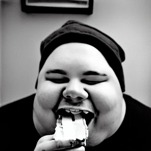 Prompt: a black and white film photograph of a fat man eating a sandwich. holga, lomo, lomography, retro, toy camera, film, tri - x, plus - x, vintage