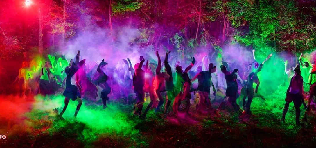 Image similar to intense rave party in the woods behind a red barn, uhd, smoke, colorful, night, 8k, photo,