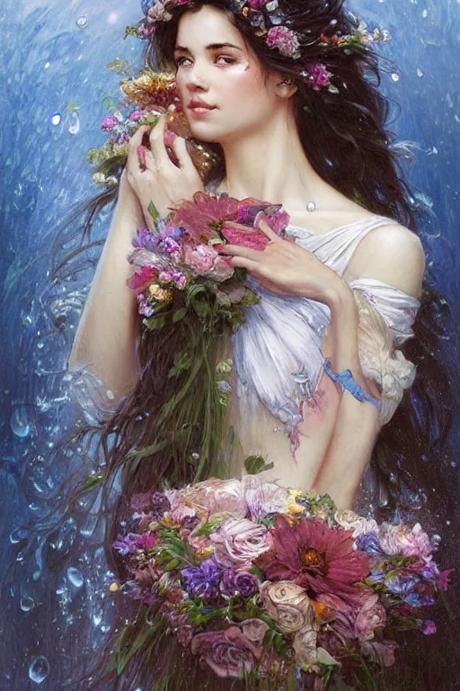 Image similar to portrait of a beautiful mysterious woman holding a bouquet of flowing flowers, wet dripping long hair, hands hidden under the bouquet, emerging from the water, fantasy, regal, intricate, by stanley artgerm lau, greg rutkowski, thomas kindkade, alphonse mucha, loish, norman rockwell