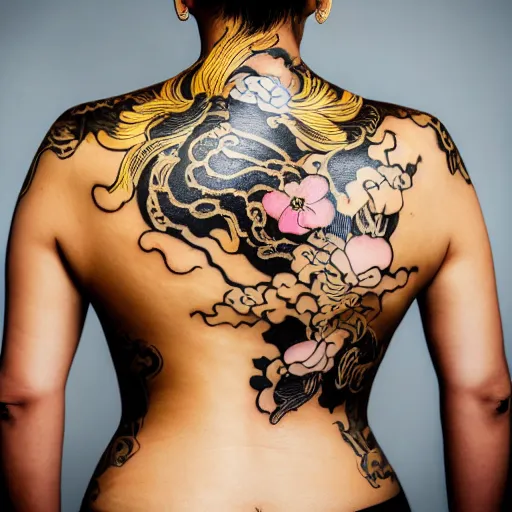 Image similar to photography of the back of a woman with a black detailed irezumi tatto representing a gold tiger with pink flowers on her entire back, dark hangar background, mid-shot, editorial photography