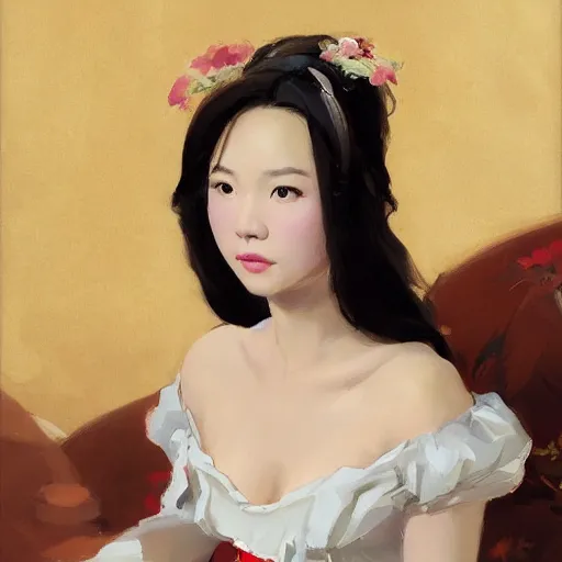 Prompt: portrait of a young beautiful chinese vietnamese attractive glamour model wearing 1 7 th century french off - the - shoulder neckline bodice with low neckline, jodhpurs greg manchess painting by sargent and leyendecker, studio ghibli fantasy close - up shot asymmetrical intricate elegant matte painting illustration hearthstone, by greg rutkowski by greg tocchini by james gilleard