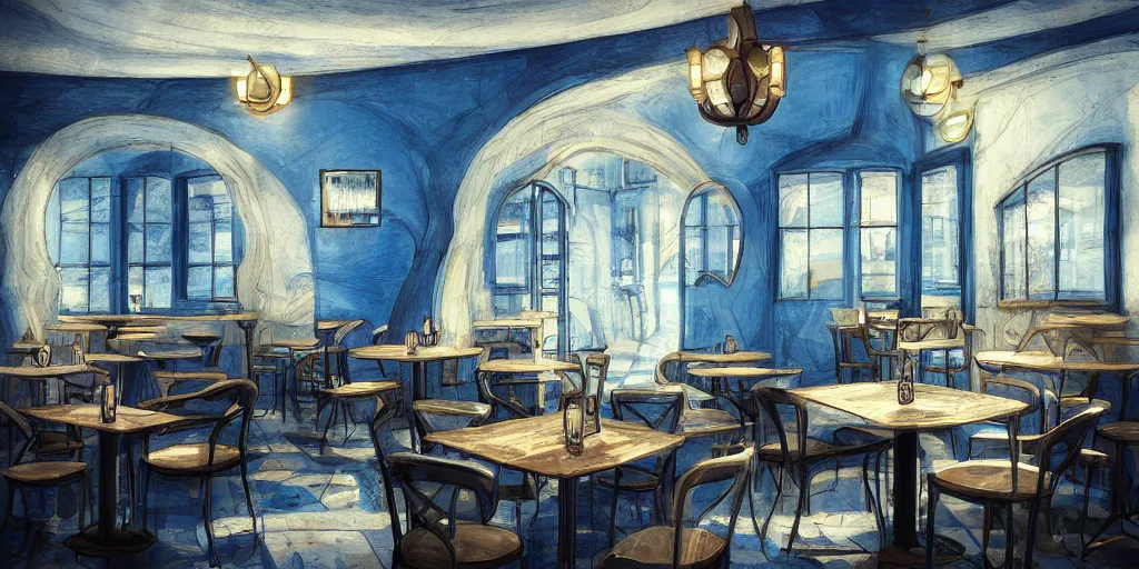 Image similar to cafe interior, blue and black tones, fantasy art, 2 d game art