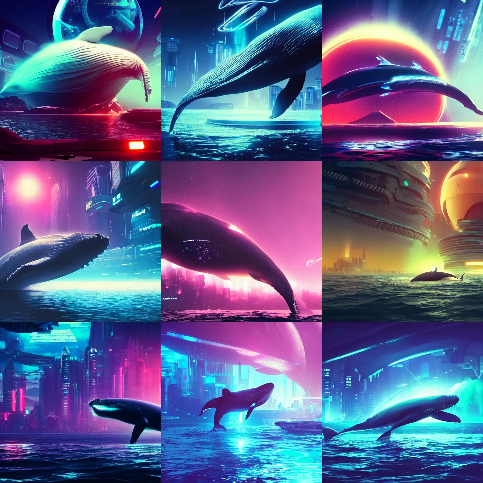 Prompt: photo of a whale floating on an alien cyberpunk neon planet, cinematic, atmospheric, 8k, trending on artstation