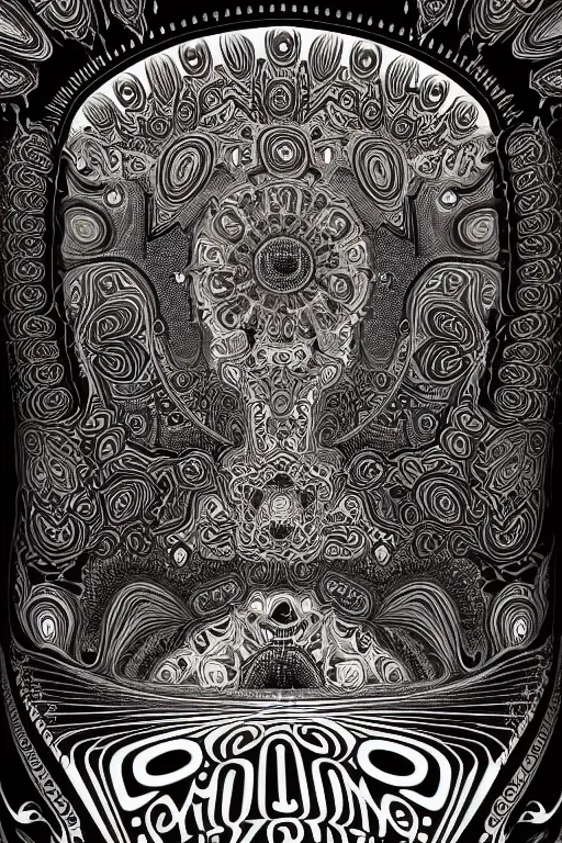 Image similar to Flowing lettering that says The Bozone, Fillmore concert poster for The Bozone by Robert Crumb, by Victor Moscoso, by Laurie Lipton, black light velvet poster, intricate paisley filigree, Bozo the clown. Clown motif, Shiny bulbous red clown nose at the center of an infinite fractal mandala tunnel of clowns, Unreal Engine, Cryengine, Artstation