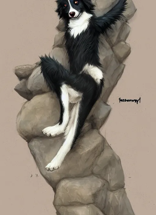 Prompt: wide angle beautiful full body portrait of a cute male anthropomorphic anthro border collie fursona wearing a jumpsuit on basalt columns, character design by charlie bowater, henry asencio, and ross tran, disney, scenic background, detailed, glamor pose, aesthetic, trending on artstation, furaffinity, deviantart