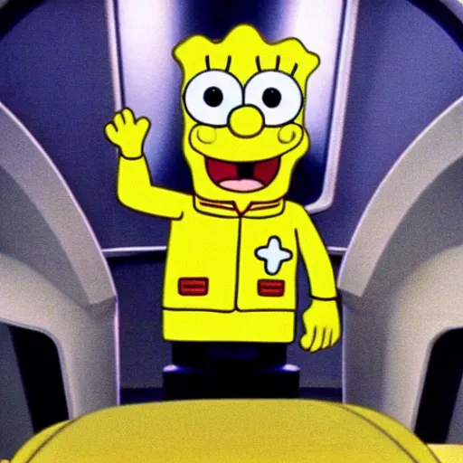 Prompt: spongebob squarepants playing captain kirk on the bridge of the starship enterprise