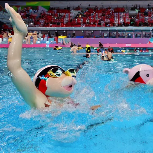 Prompt: teddy bears swimming at the olympics 4 0 0 m butterfly event.