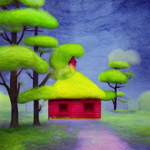 Image similar to small wooden house in the middle of spring forest, bright colours, watercolor, volumetric wool felting, macro photography, children illustration, by goro fujita