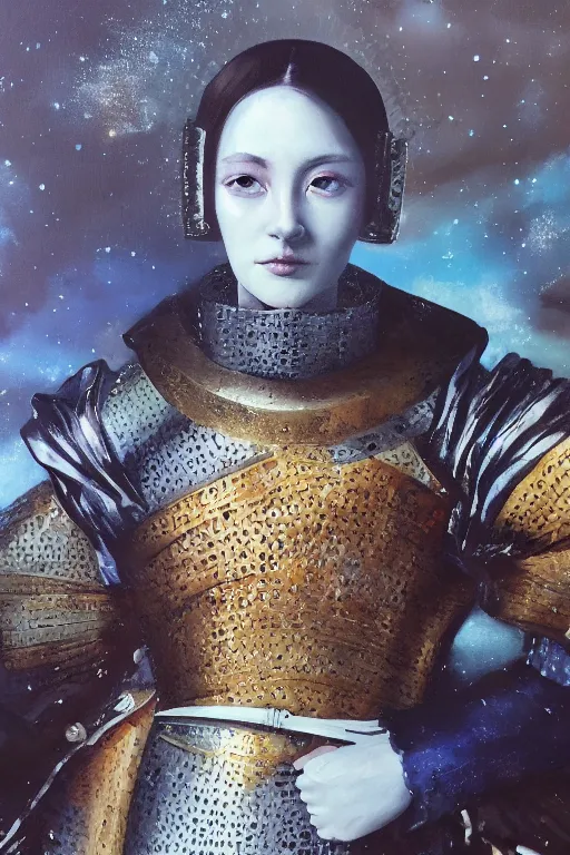 Image similar to hyperrealism oil painting, close-up portrait of medieval fashion model, knight, steel gradient mixed with nebula sky, in style of baroque mixed with 70s japan book art