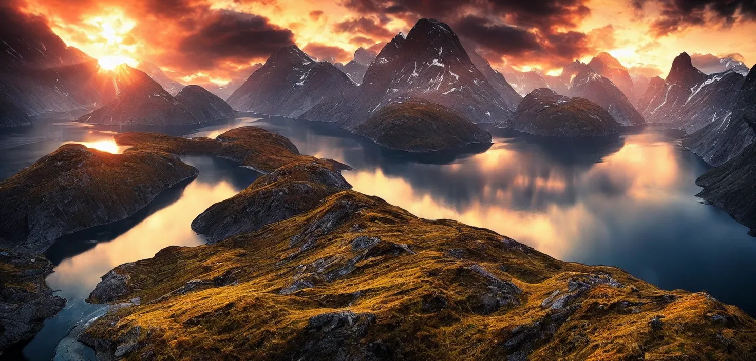 Image similar to amazing landscape photo of fjord in sunset by max rive, beautiful dramatic lighting