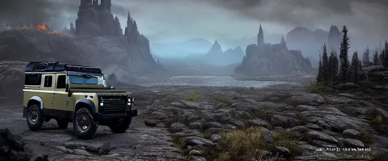 Image similar to Land Rover Defender 110 (1985), an epic fantasy, dramatic lighting, cinematic, establishing shot, extremely high detail, photorealistic, cinematic lighting, artstation, by simon stalenhag, The Elder Scrolls V: Skyrim, Whiterun Hold, Burning wooden nordic Dragonsreach castle in the distance, Battle for Whiterun city, Stormcloaks vs Imperials, Swarms of Stormcloaks and Imperials fighting eachother, Intense fighting, Whiterun city burning, Skyrim Civil War, High casualties, blood and dead soldiers, aftermath of a huge battle