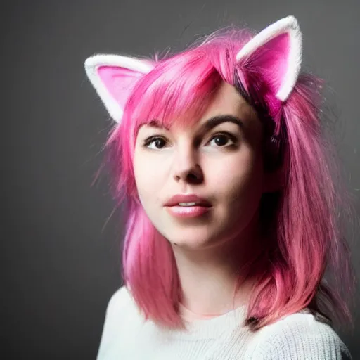 Image similar to photo of a young woman with messy pink hair and cat ears