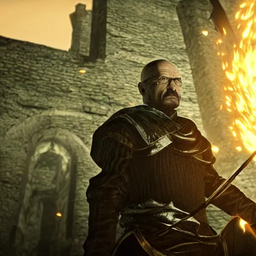 Image similar to Walter White in Dark Souls, screenshot, 4k, cinematic