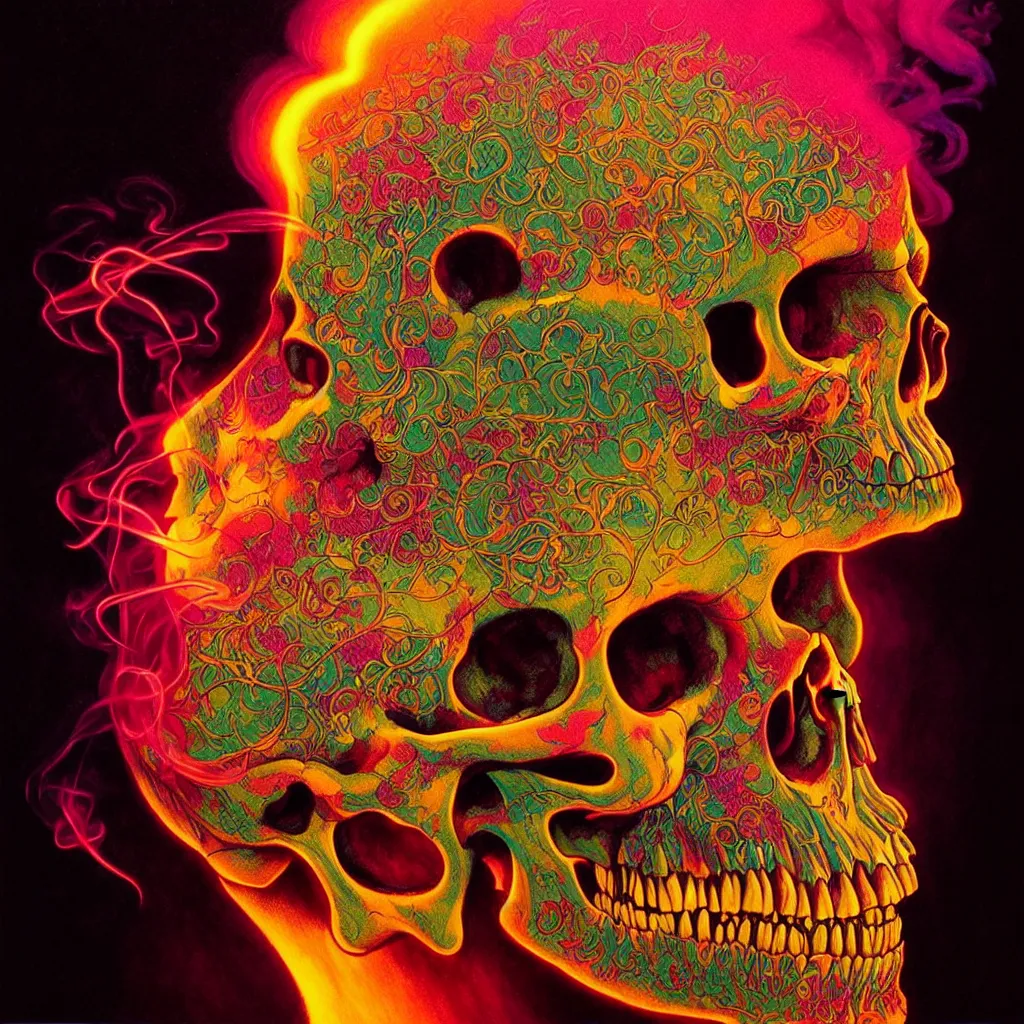 Prompt: bright psychedelic photo of BILL HICKS SKULL SMOKING, diffuse lighting, fantasy, intricate, elegant, highly detailed, lifelike, photorealistic, digital painting, artstation, illustration, concept art, smooth, sharp focus, art by John Collier and Albert Aublet and Krenz Cushart and Artem Demura and Alphonse Mucha