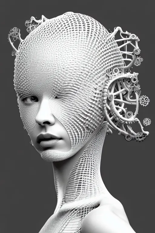 Image similar to bw 3 d render, stunning beautiful young biomechanical albino female cyborg with a porcelain profile face, angelic, rim light, big leaves and stems, roots, fine foliage lace, alexander mcqueen, art nouveau fashion embroidered, steampunk, silver filigree details, hexagonal mesh wire, mandelbrot fractal, elegant, artstation trending