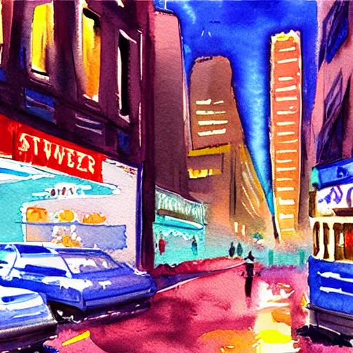 Prompt: watercolor painting of new york city, street view, night, glow of neon lights.