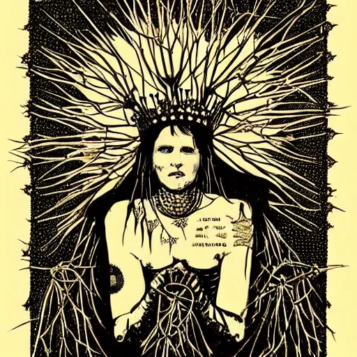 Prompt: the queen bee wears a crown of thorns. throne made of human skulls. folk horror style art.