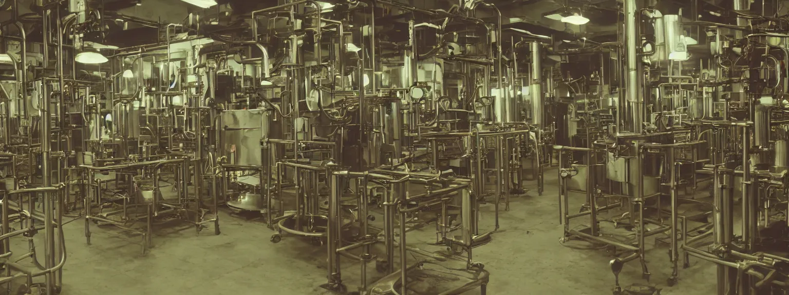 Image similar to oily apparatus for making snake oil, huge copper machine with purple and green snakelike pipework, barrels of snake oil in a disorganized factory in taiwan in 1 9 9 2 production line, golden hour lighting, film still from the uncle aloysius family medicine depot movie 3 d, 8 k, cinematic lighting