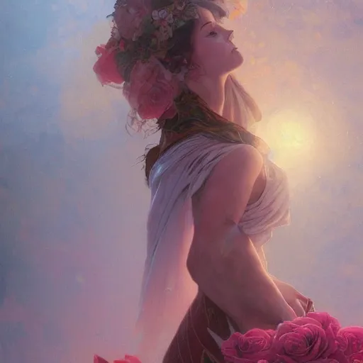 Image similar to Roses lying on a silk cloth, fog, volumetric lightin, intricate, elegant, highly detailed, digital painting, artstation, concept art, smooth, sharp focus, illustration, art by artgerm and greg rutkowski and alphonse mucha