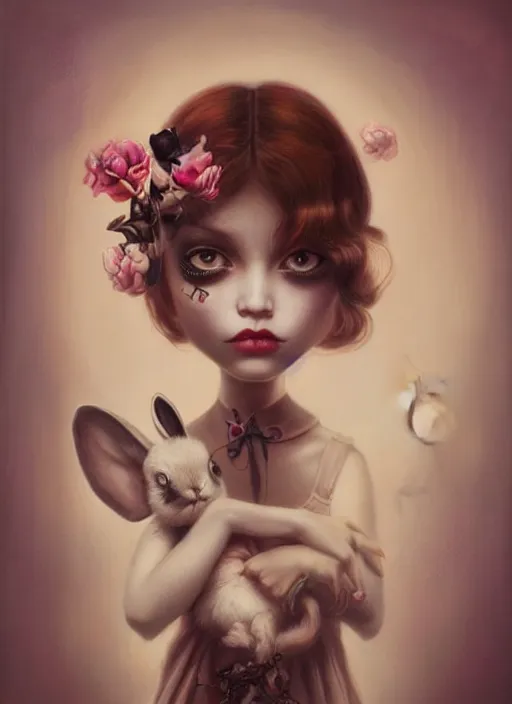 Prompt: pop surrealism, lowbrow art, realistic cute alice girl painting, holding a bunny, hyper realism, muted colours, rococo, natalie shau, loreta lux, tom bagshaw, mark ryden, trevor brown style,