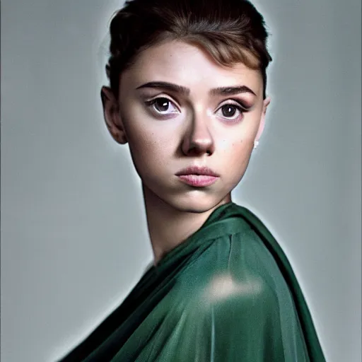 Prompt: dramtically lit, high quality studio photo of a girl who looks like 16-year old Audrey Hepburn and Scarlett Johansson, with parted lips and stunning, anxious eyes, wearing a shawl, by Steve McCurry