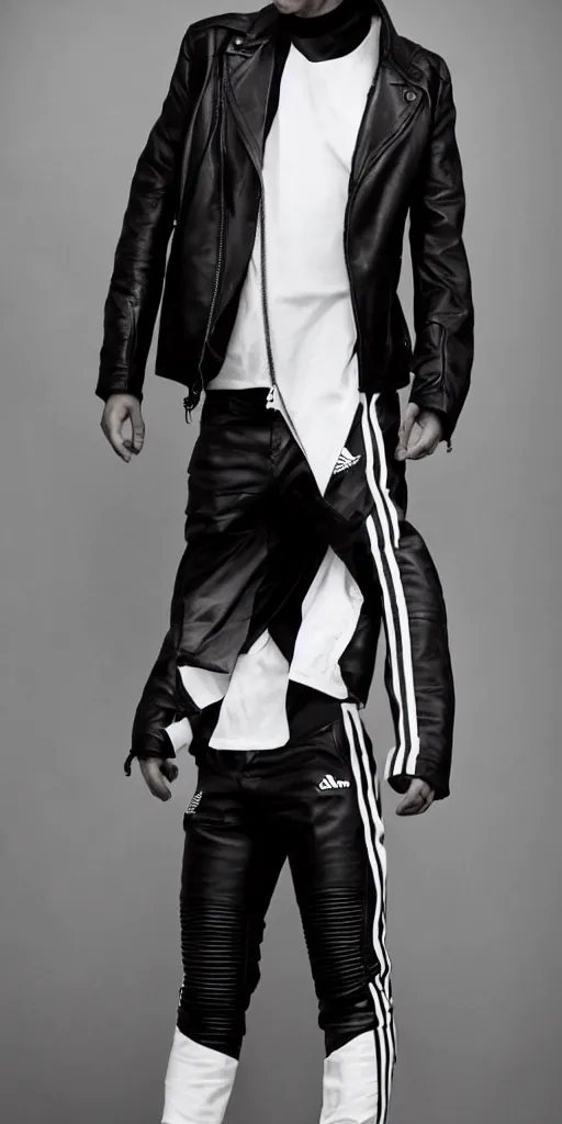 Image similar to full body photo. extreme long shot. man in black leather jacket and white!!! adidas!!! pants!!!. serious face. studio photo