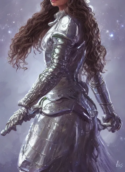 Image similar to beautiful female dorothy gale, rebecca romijn as dorothy, full body character concept, covered in full silver armor, armor plating, art nouveau, sparkling emeralds, super powers, fantasy, intricate, elegant, highly detailed, digital painting, artstation, concept art, shining, sharp focus, illustration, art by stanley lau