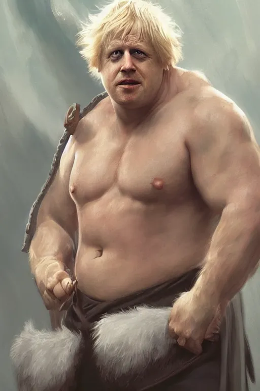 Image similar to Boris Johnson as Odin, Boris Johnson hairstyle, full body realistic portrait, highly detailed, muscular body, digital painting, artstation, concept art, smooth, sharp focus, illustration, cinematic lighting, art by artgerm and greg rutkowski and alphonse mucha