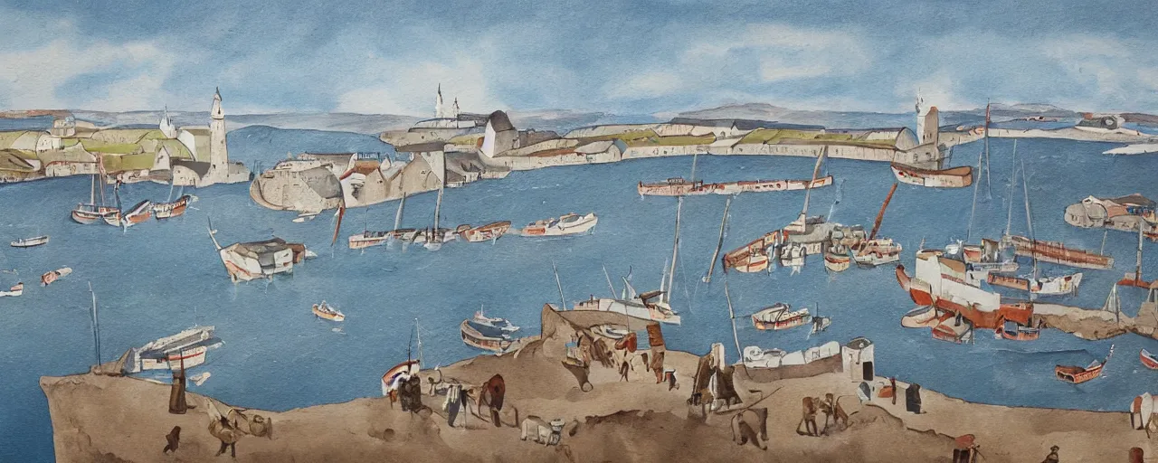 Prompt: a painting of the harbour at Stromness orkney, cave painting, lascaux