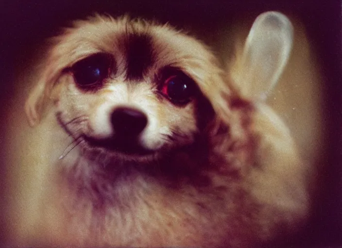 Prompt: a extreme close - up photo, color studio photographic portrait of a little dog bird hybrid, dramatic backlighting, 1 9 7 3 polaroid photo from life magazine,