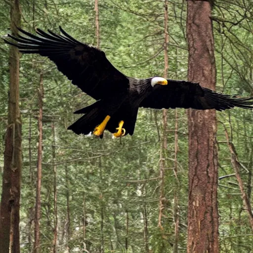 Prompt: black eagle flying over a forest