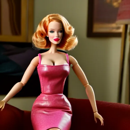 Image similar to amazing beautiful Christina Hendricks barbie doll wearing leather in the living room, film still from the movie directed by Denis Villeneuve , wide lens