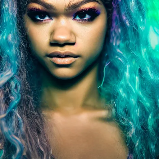 Prompt: Zendaya as mermaid, grungy, unkept hair, glowing eyes, modelsociety, radiant skin, huge anime eyes, RTX on, perfect face, intricate, Sony a7R IV, symmetric balance, polarizing filter, Photolab, Lightroom, 4K, Dolby Vision, Photography Award