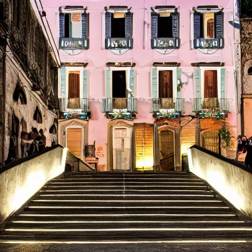 Prompt: disco party, strobo lights, millennials dancing, z generation, dj set, the square of an italian small town with stairs, high definition, hyper realistic, full details