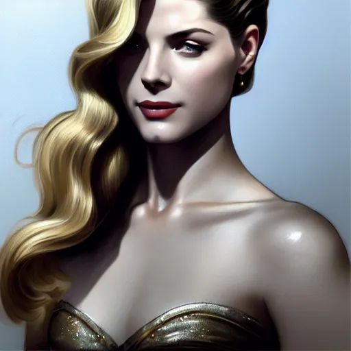 Image similar to A combination of Grace Kelly's and Katheryn Winnick's and Ashley Greene's faces as Solid Snake, full body portrait, western, fantasy, intricate, elegant, highly detailed, digital painting, artstation, concept art, matte, sharp focus, illustration, half body portrait, art by Artgerm and Greg Rutkowski and Alphonse Mucha