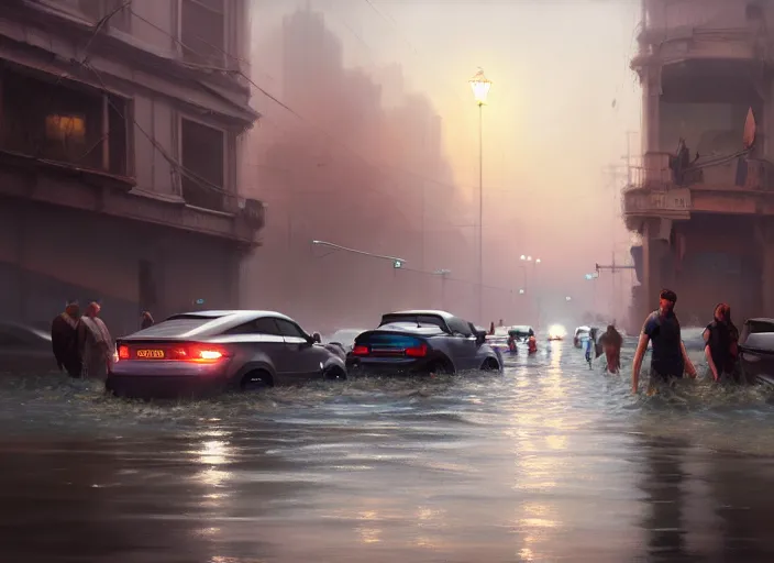 Image similar to cars driving through shallow water, flooded city, people walking through shallow water, muted colors, highly detailed, hyperrealistic, oil painting, intricate, cgsociety, artstation, 8 k, cinematic, soft lighting, by greg rutkowski, by wlop, by artgerm