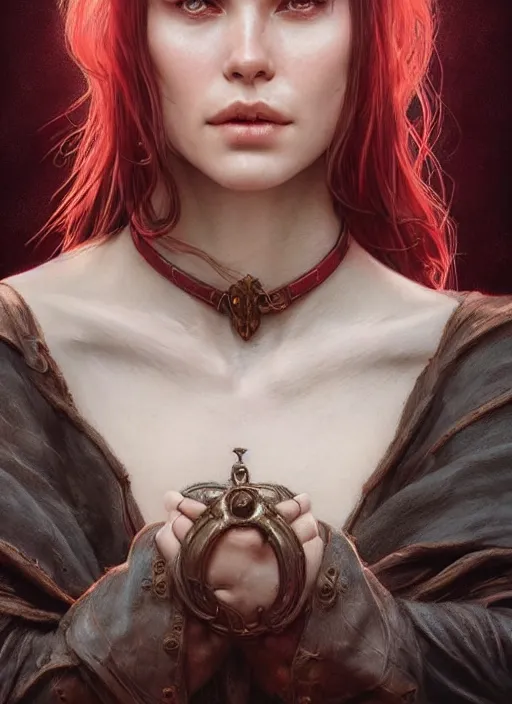 Image similar to vertical portrait of a ruggedly handsome female cleric, soft hair, close - up face, leather, witchy, d & d, fantasy, intricate, elegant, highly detailed, digital painting, artstation, concept art, smooth, sharp focus, illustration, art by artgerm and greg rutkowski and alphonse mucha, plain red background